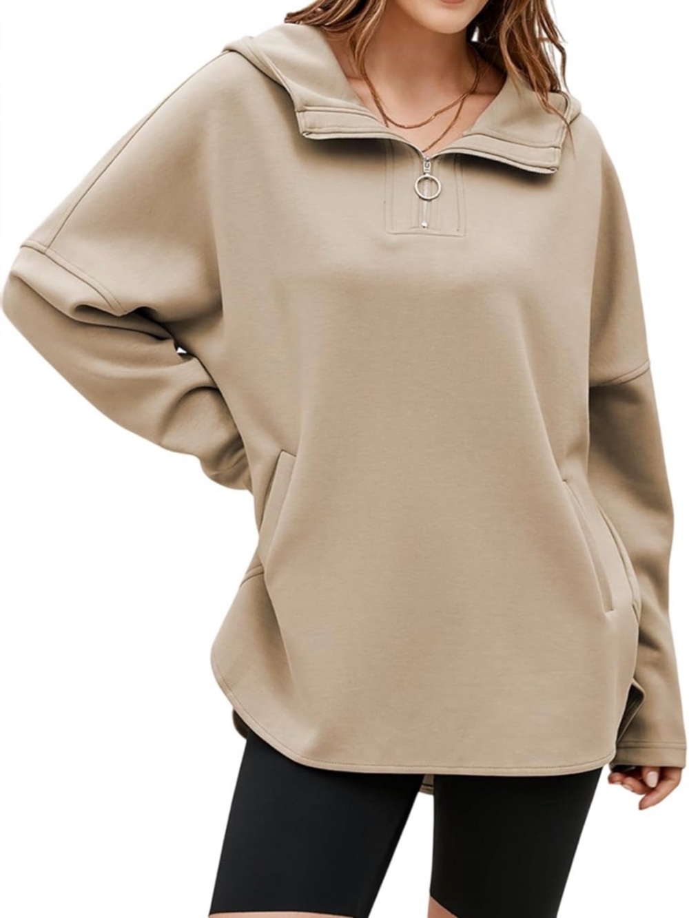 Beige Quarter-Zip Pullover Hoodie